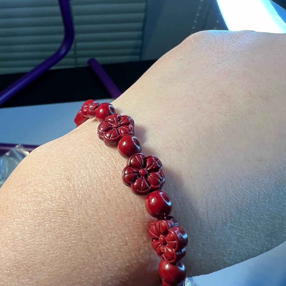 Rich red 9mm Cinnabar  flower stretchy bracelet